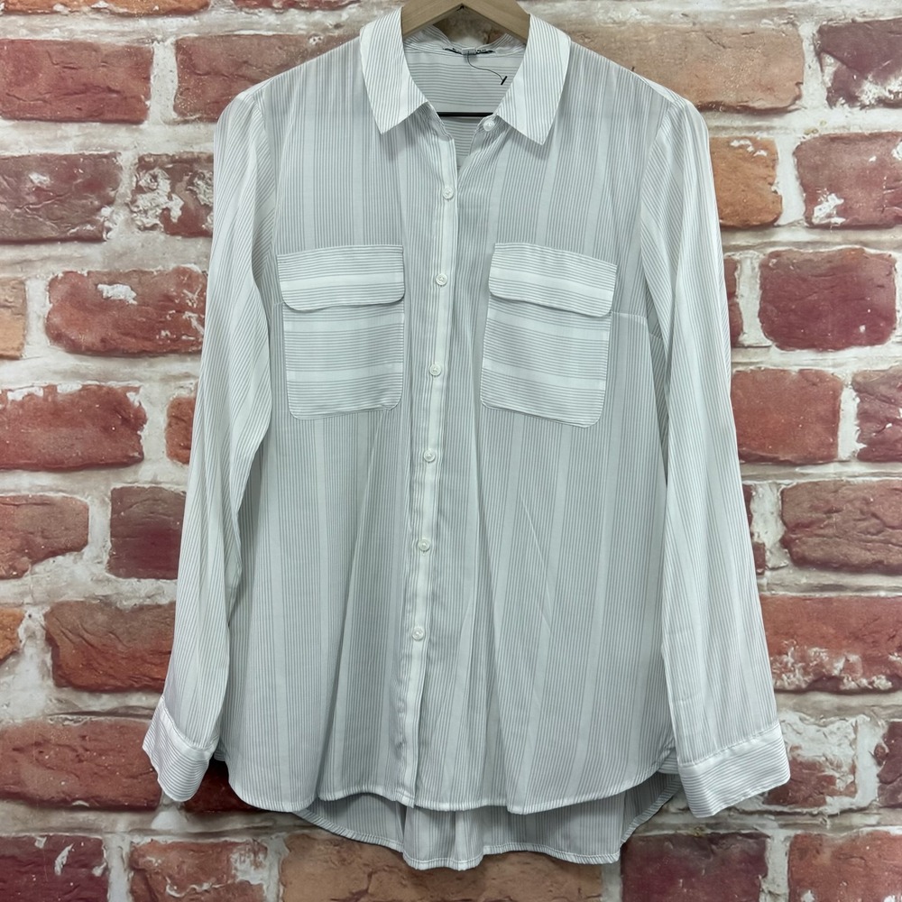 Express Top Women's Medium White Gray Striped Office Work Career Wear Shirt